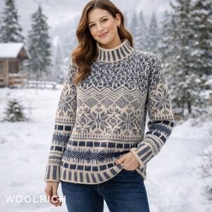 Woolrich Fair Isle Sweater Womens Large Blue Cream Nordic Mock Neck Heavy Knit